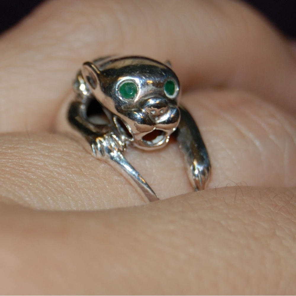 Sterling Panther wrap ring w/ Genuine Emerald eyes & Diamond collar - Picture 17 of 17